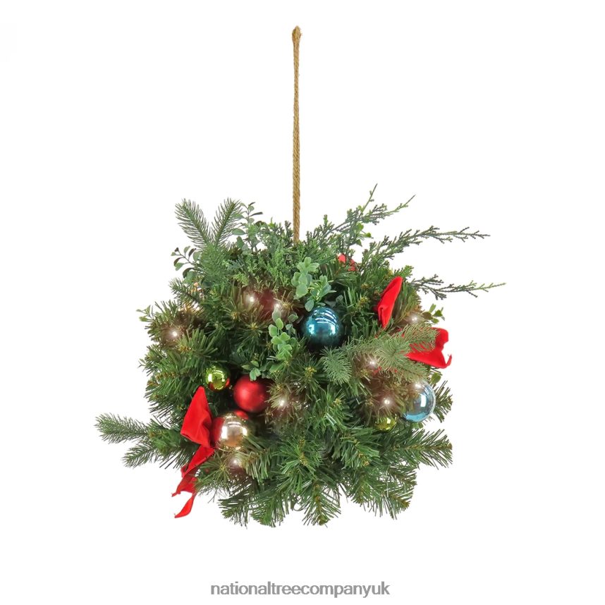 Greenery | National Tree Company 16 Christmas Be Merry Decorated Kissing Ball with Fabric Bow 50 Warm White LED Lights- Battery Operated with Remote Control F2L4F453